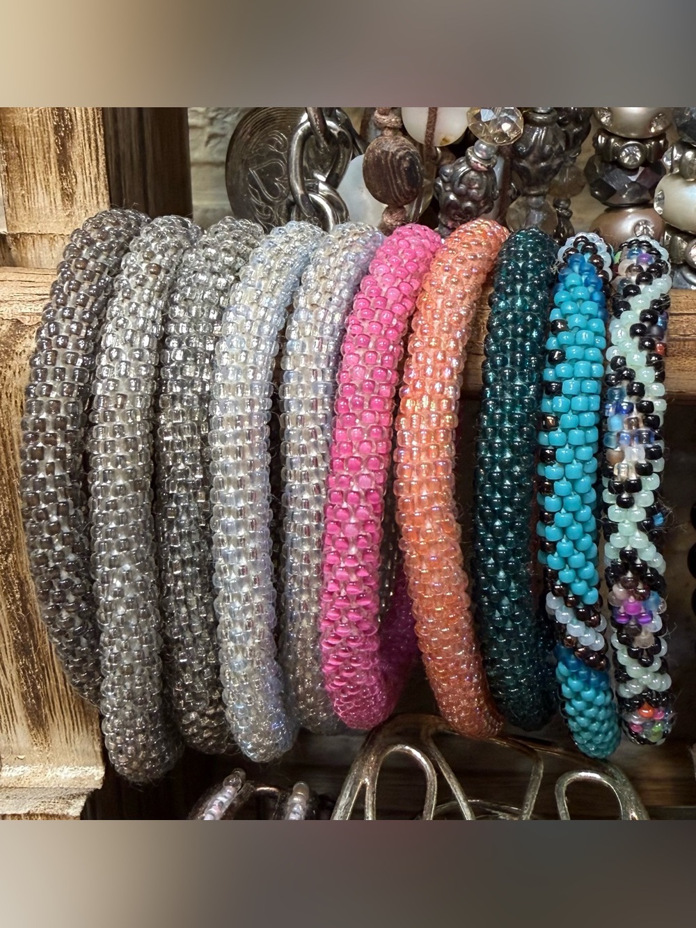 Colorful Beaded Bracelet Set - Pink, Peach, Teal & Silver Tones